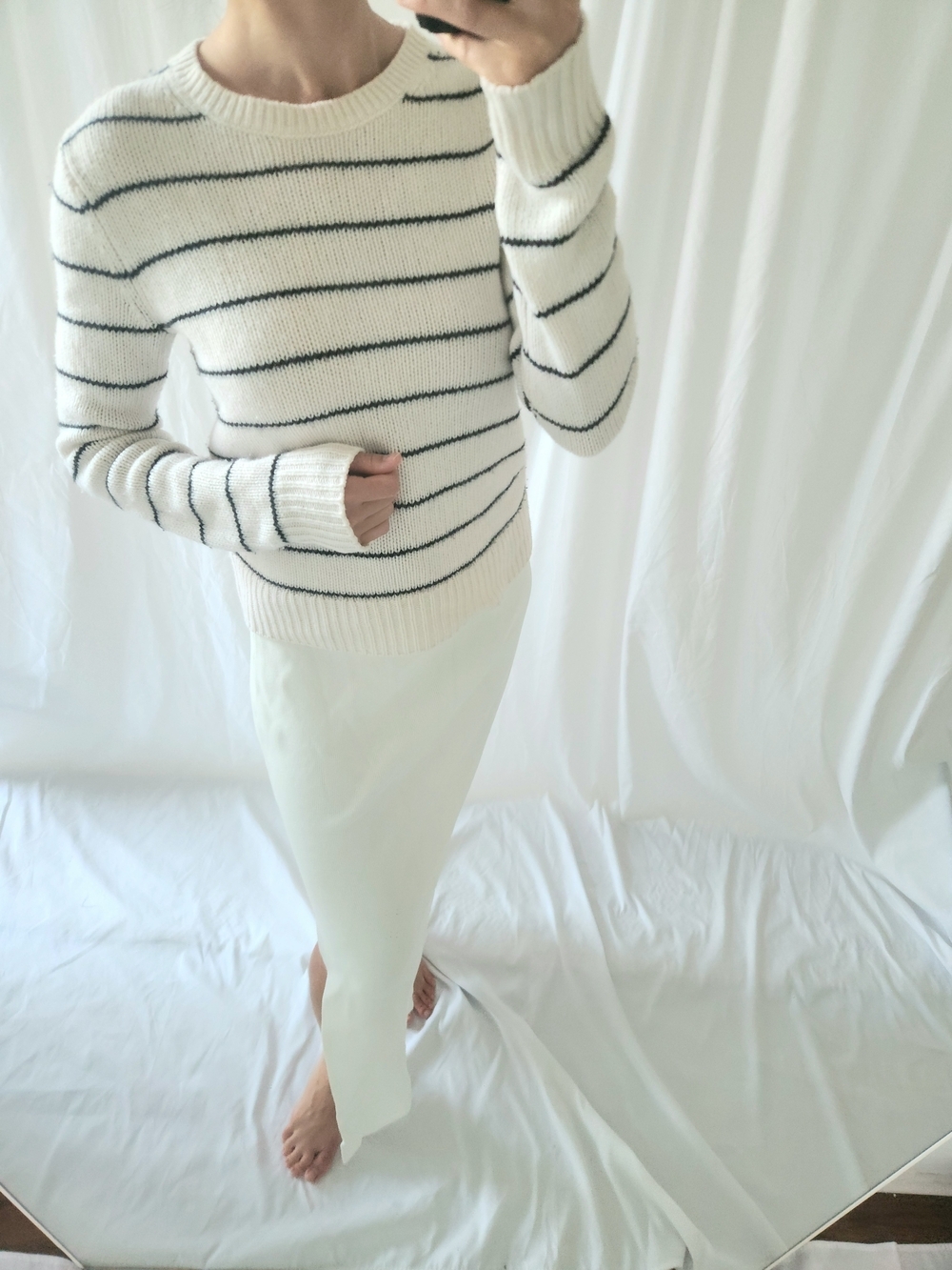 Vince Cream Crewneck Sweater with Black Stripes